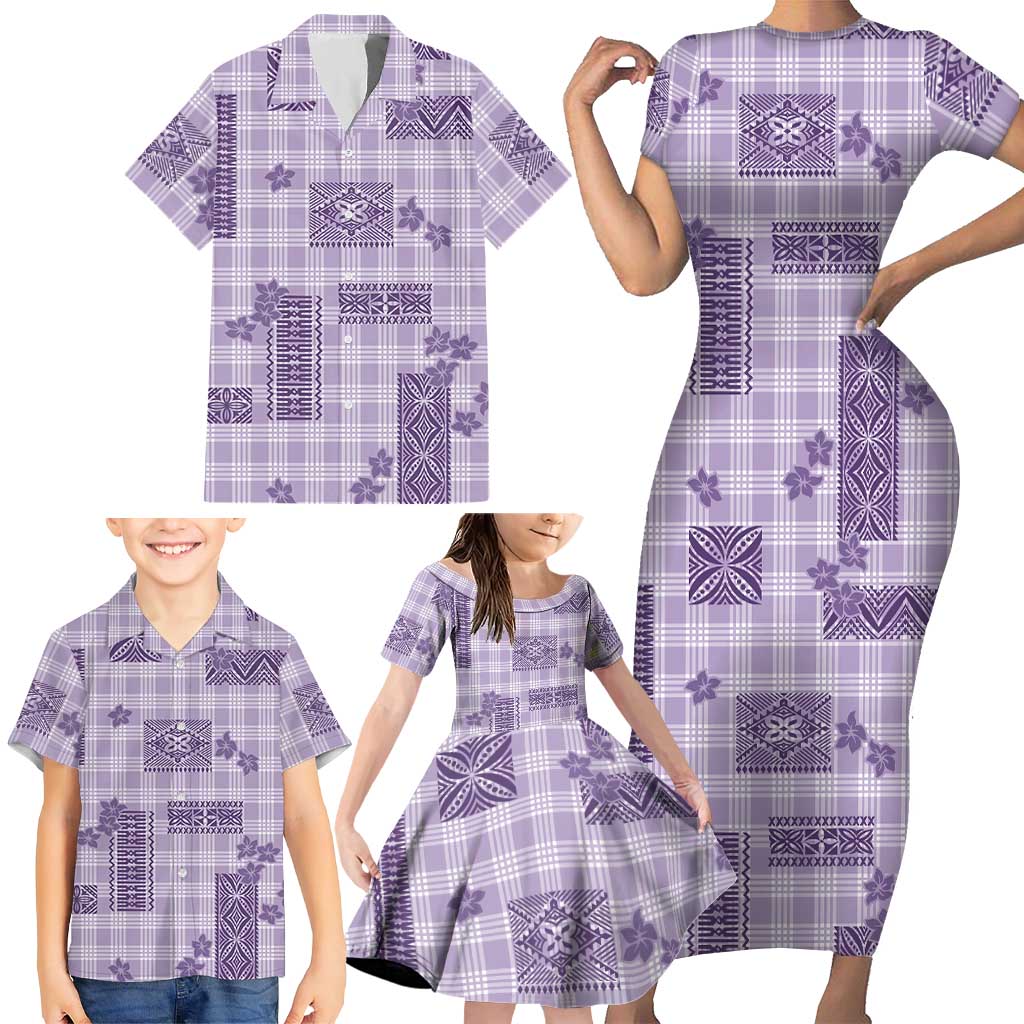 Hawaiian Quilt Tapa On Lilac Palaka Motifs Family Matching Short Sleeve Bodycon Dress and Hawaiian Shirt