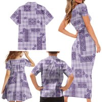 Hawaiian Quilt Tapa On Lilac Palaka Motifs Family Matching Short Sleeve Bodycon Dress and Hawaiian Shirt