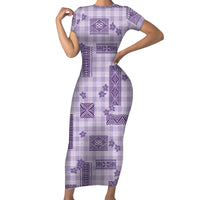 Hawaiian Quilt Tapa On Lilac Palaka Motifs Family Matching Short Sleeve Bodycon Dress and Hawaiian Shirt
