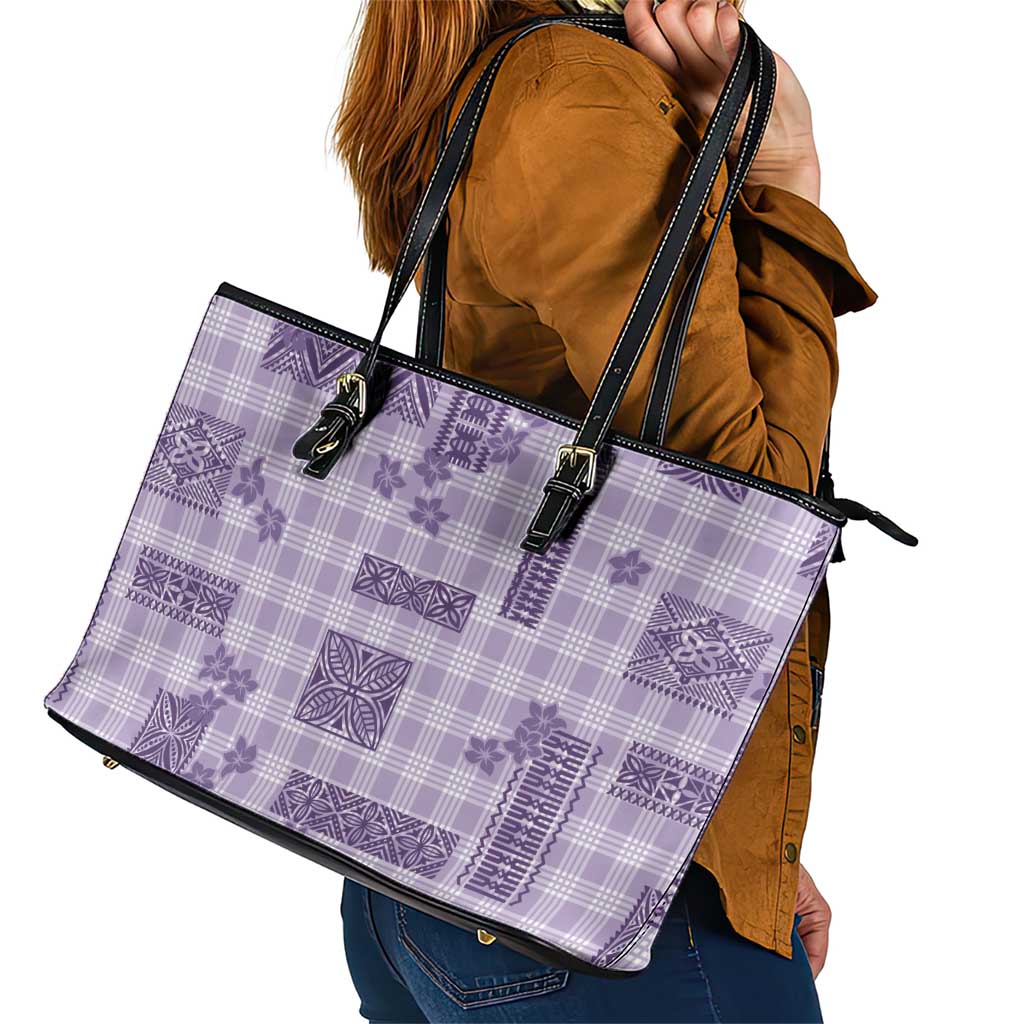 Hawaiian Quilt Tapa On Lilac Palaka Motifs Leather Tote Bag