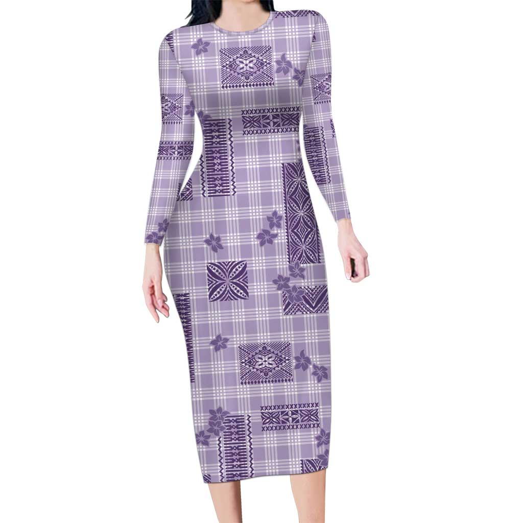 Hawaiian Quilt Tapa On Lilac Palaka Motifs Long Sleeve Bodycon Dress LT7 Long Dress Lilac - Polynesian Pride
