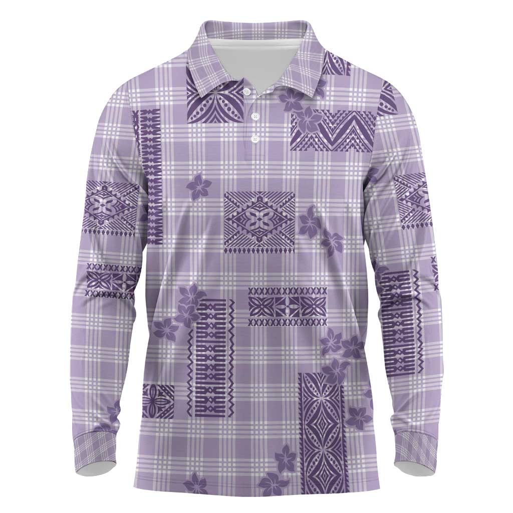 Hawaiian Quilt Tapa On Lilac Palaka Motifs Long Sleeve Polo Shirt