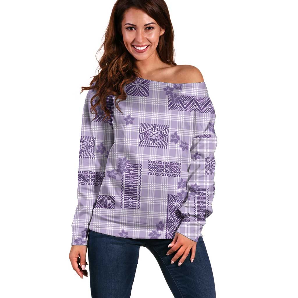 Hawaiian Quilt Tapa On Lilac Palaka Motifs Off Shoulder Sweater