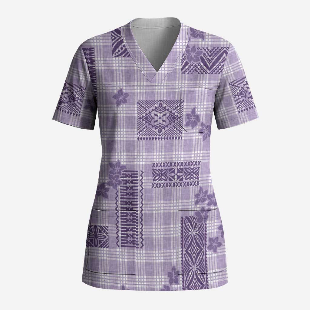 Hawaiian Quilt Tapa On Lilac Palaka Motifs Scrub Top