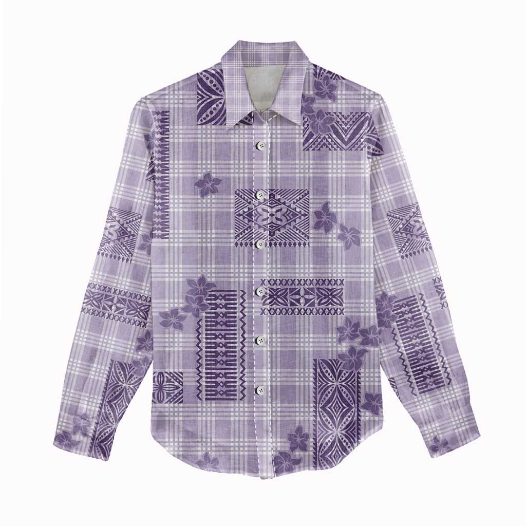 Hawaiian Quilt Tapa On Lilac Palaka Motifs Women Casual Shirt