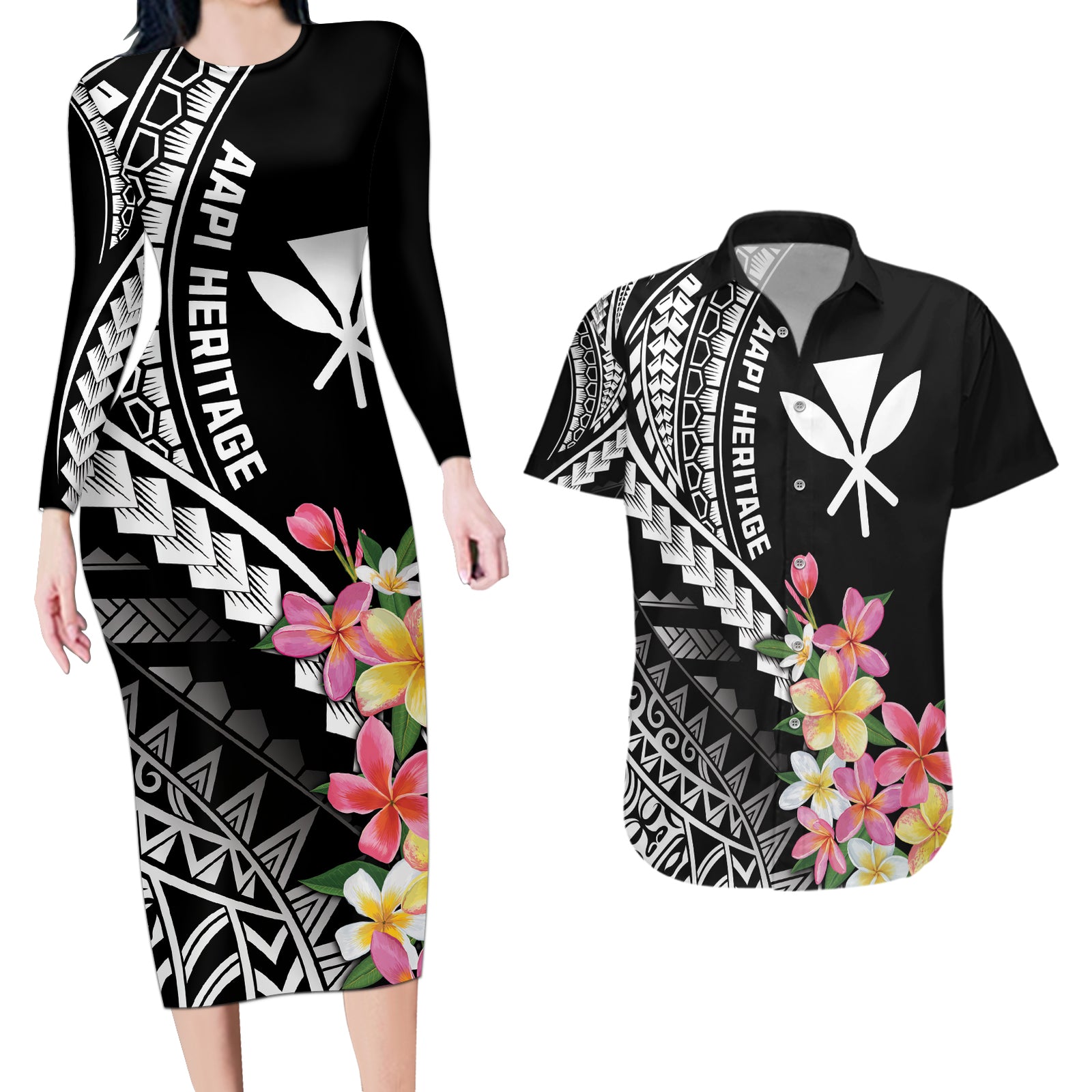 AAPI Heritage Month Couples Matching Long Sleeve Bodycon Dress and Hawaiian Shirt Kanaka Hawaii Plumeria LT7 Black - Polynesian Pride