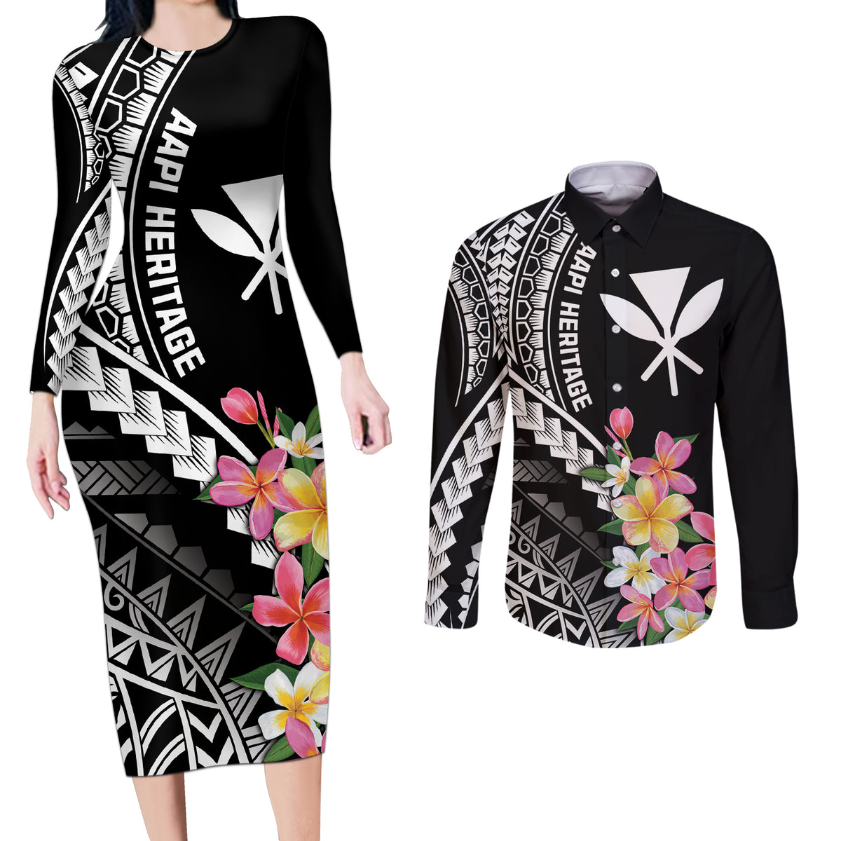 AAPI Heritage Month Couples Matching Long Sleeve Bodycon Dress and Long Sleeve Button Shirt Kanaka Hawaii Plumeria