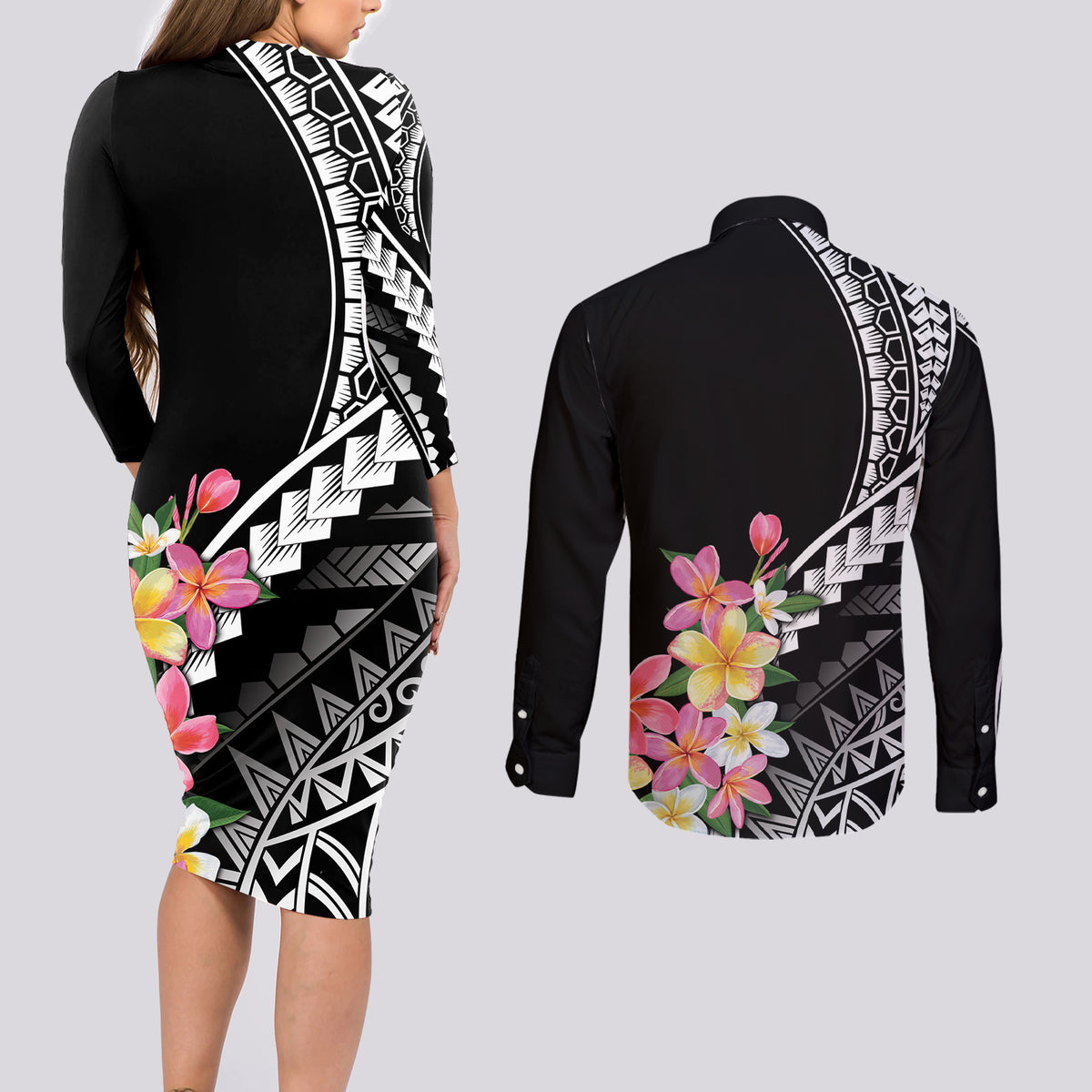 AAPI Heritage Month Couples Matching Long Sleeve Bodycon Dress and Long Sleeve Button Shirt Kanaka Hawaii Plumeria