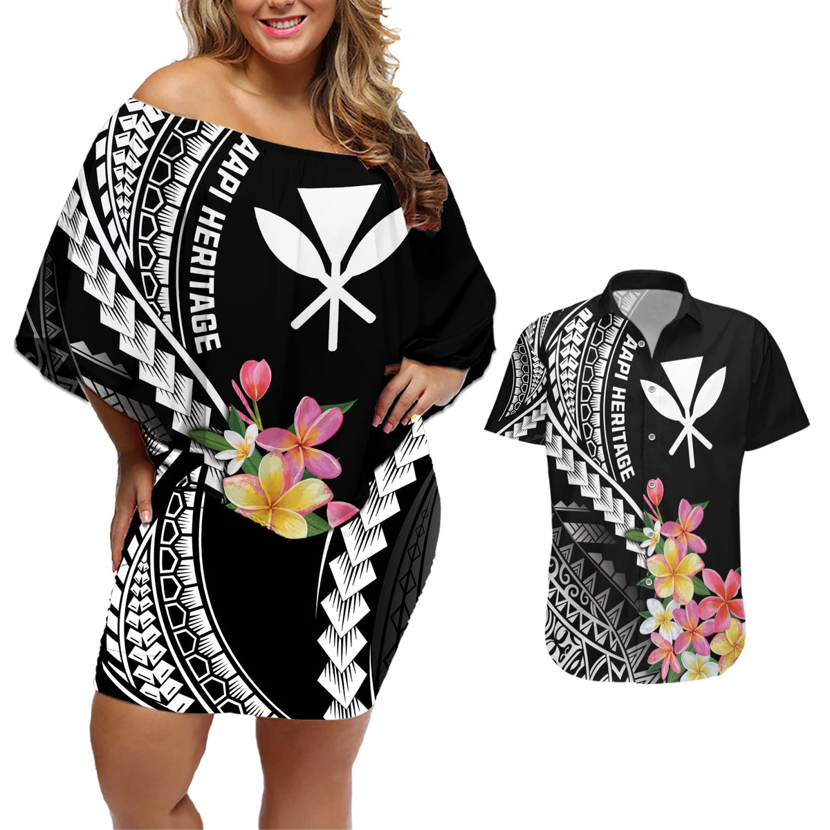 AAPI Heritage Month Couples Matching Off Shoulder Short Dress and Hawaiian Shirt Kanaka Hawaii Plumeria