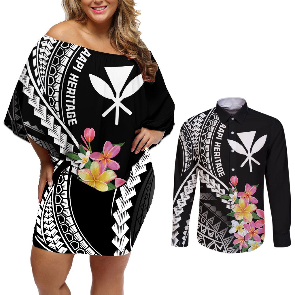 AAPI Heritage Month Couples Matching Off Shoulder Short Dress and Long Sleeve Button Shirt Kanaka Hawaii Plumeria LT7 Black - Polynesian Pride
