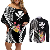 AAPI Heritage Month Couples Matching Off Shoulder Short Dress and Long Sleeve Button Shirt Kanaka Hawaii Plumeria