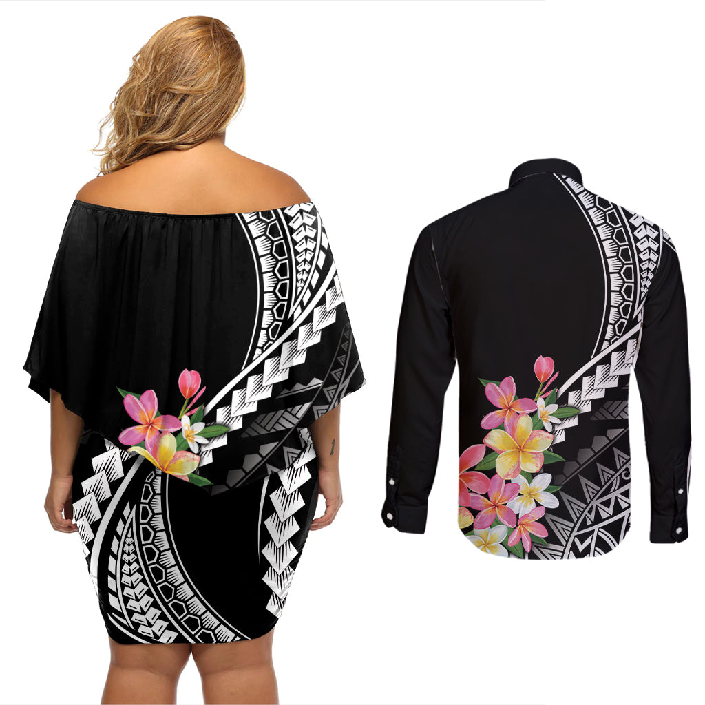 AAPI Heritage Month Couples Matching Off Shoulder Short Dress and Long Sleeve Button Shirt Kanaka Hawaii Plumeria