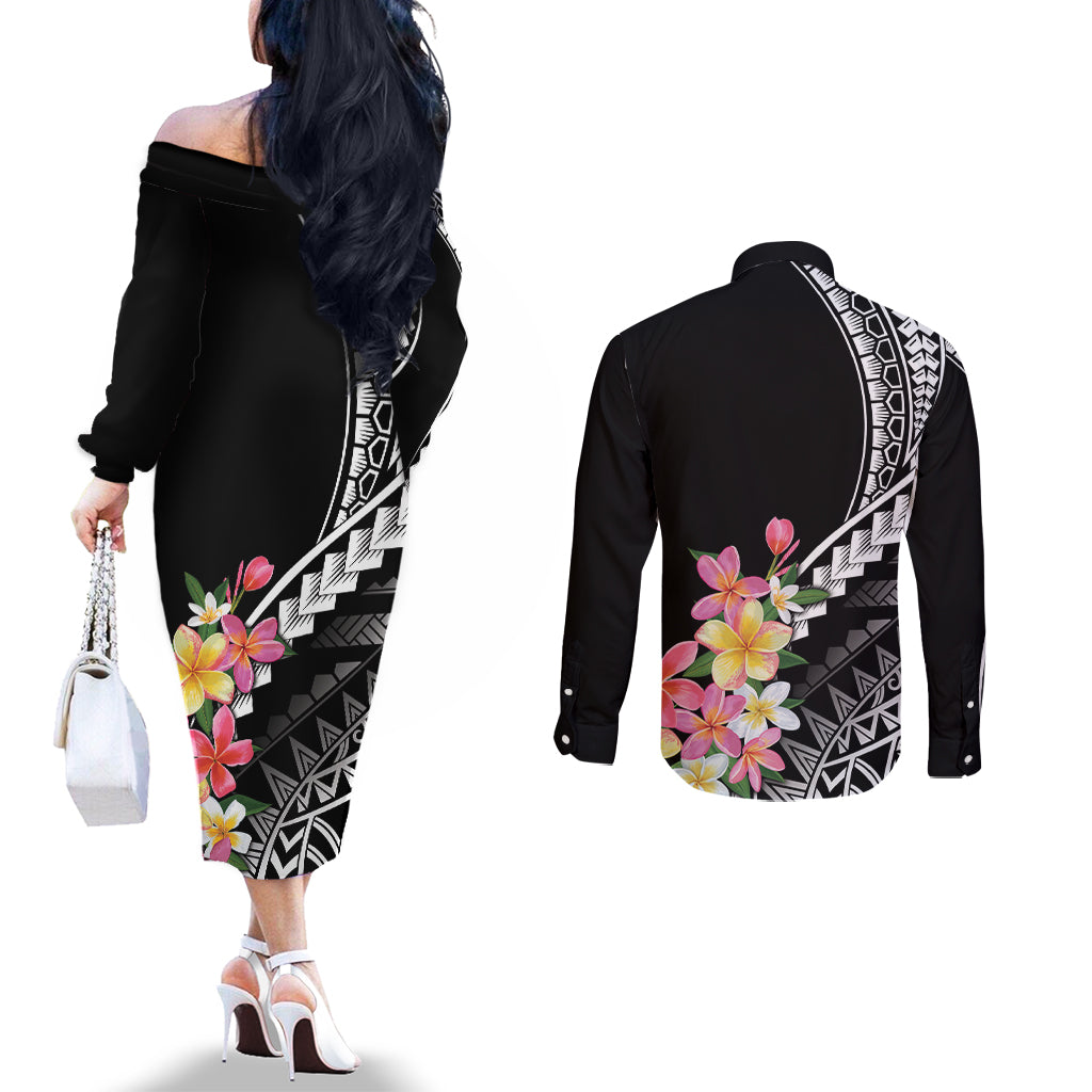 AAPI Heritage Month Couples Matching Off The Shoulder Long Sleeve Dress and Long Sleeve Button Shirt Kanaka Hawaii Plumeria