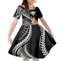 AAPI Heritage Month Family Matching Short Sleeve Bodycon Dress and Hawaiian Shirt Kanaka Hawaii Plumeria LT7 Daughter's Dress Black - Polynesian Pride