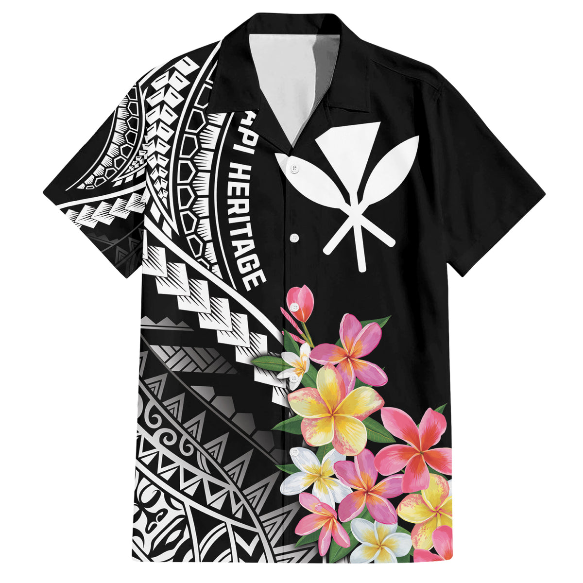 AAPI Heritage Month Family Matching Short Sleeve Bodycon Dress and Hawaiian Shirt Kanaka Hawaii Plumeria LT7 Dad's Shirt - Short Sleeve Black - Polynesian Pride