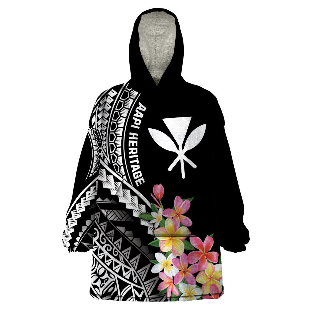 AAPI Heritage Month Wearable Blanket Hoodie Kanaka Hawaii Plumeria LT7 One Size Black - Polynesian Pride
