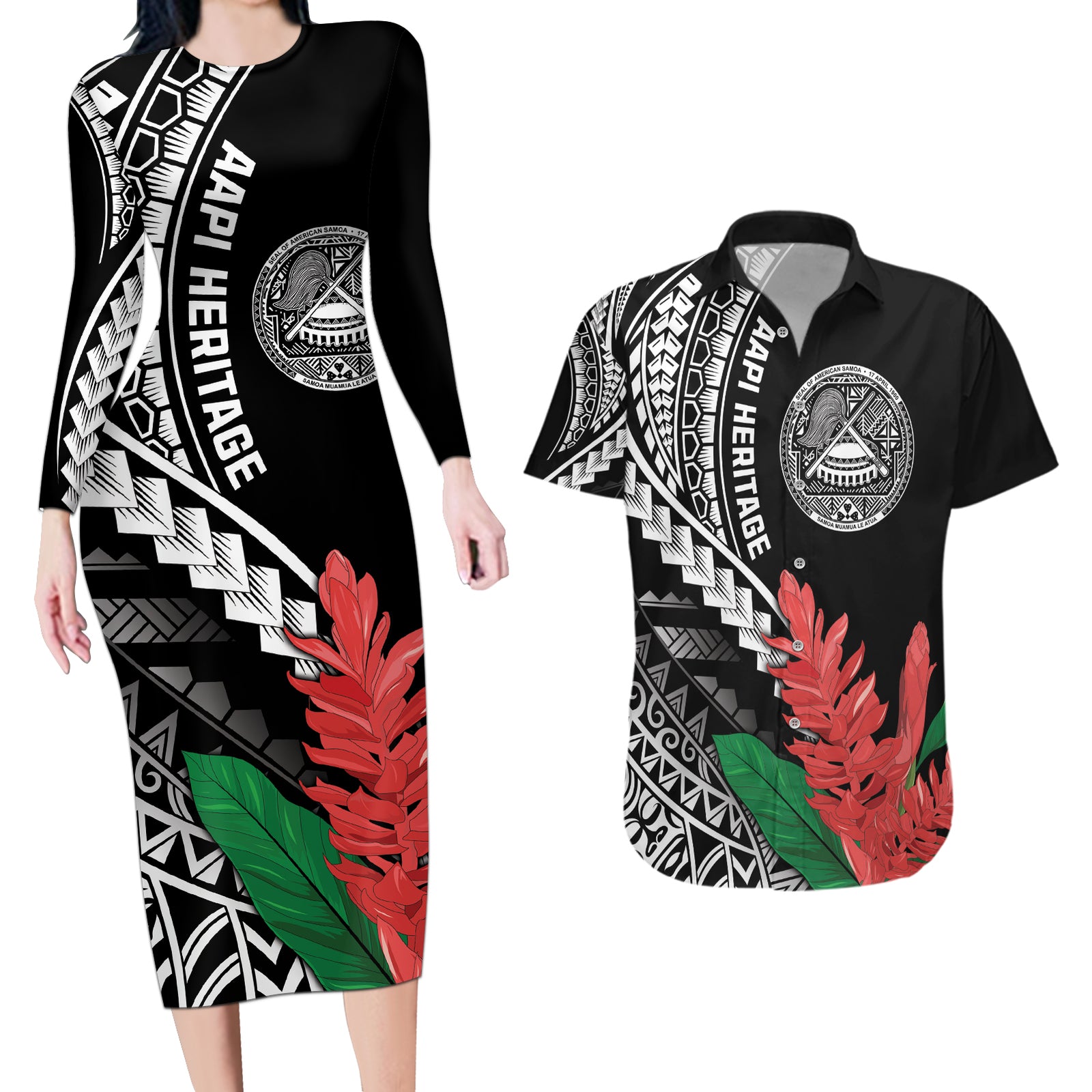 AAPI Heritage Month Couples Matching Long Sleeve Bodycon Dress and Hawaiian Shirt Samoa Teuila LT7 Black - Polynesian Pride