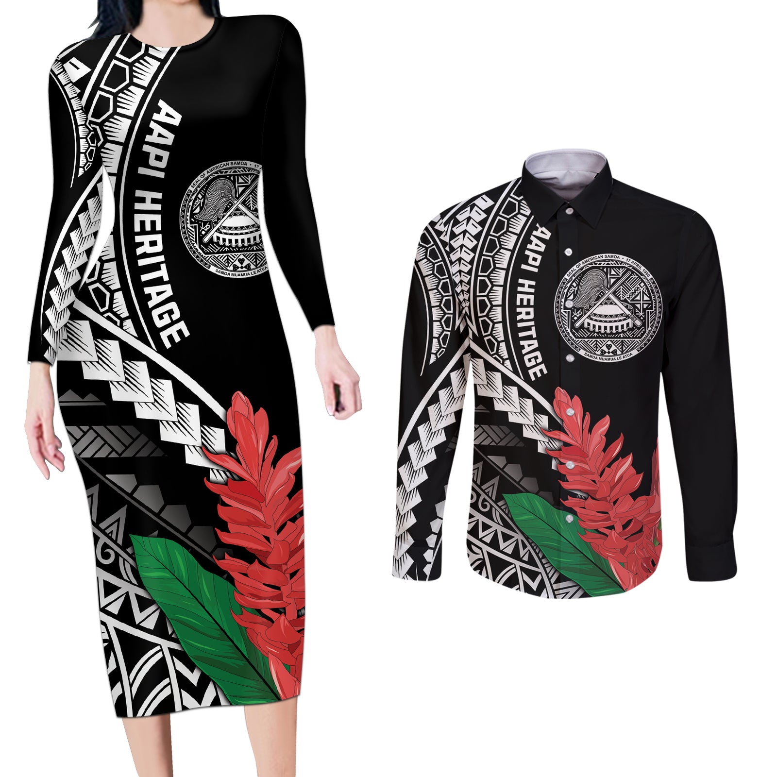 AAPI Heritage Month Couples Matching Long Sleeve Bodycon Dress and Long Sleeve Button Shirt Samoa Teuila LT7 Black - Polynesian Pride