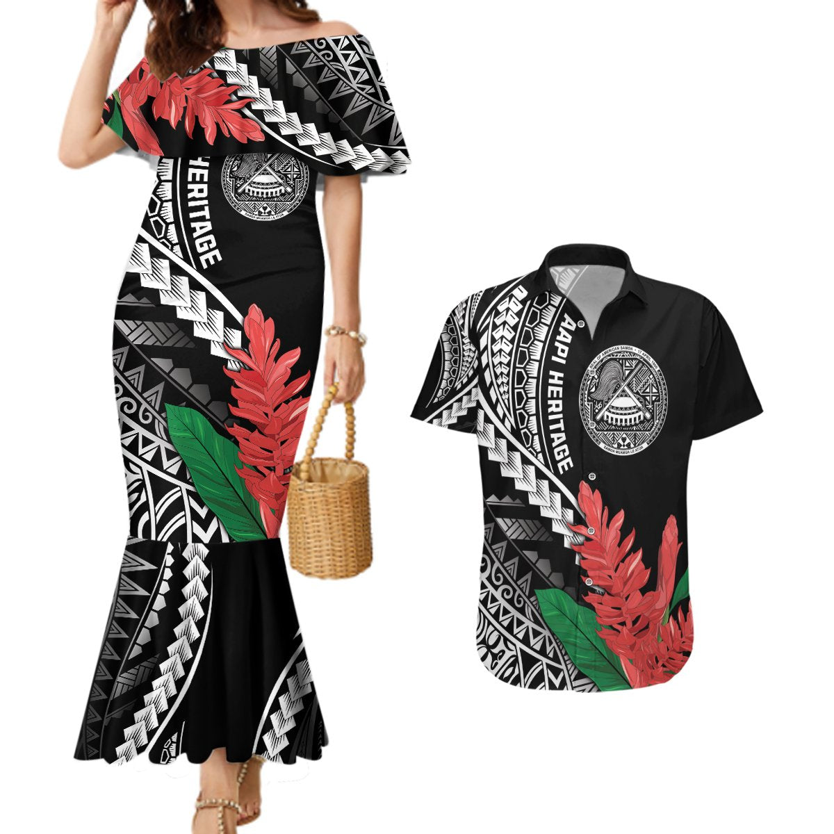 AAPI Heritage Month Couples Matching Mermaid Dress and Hawaiian Shirt Samoa Teuila LT7 Black - Polynesian Pride