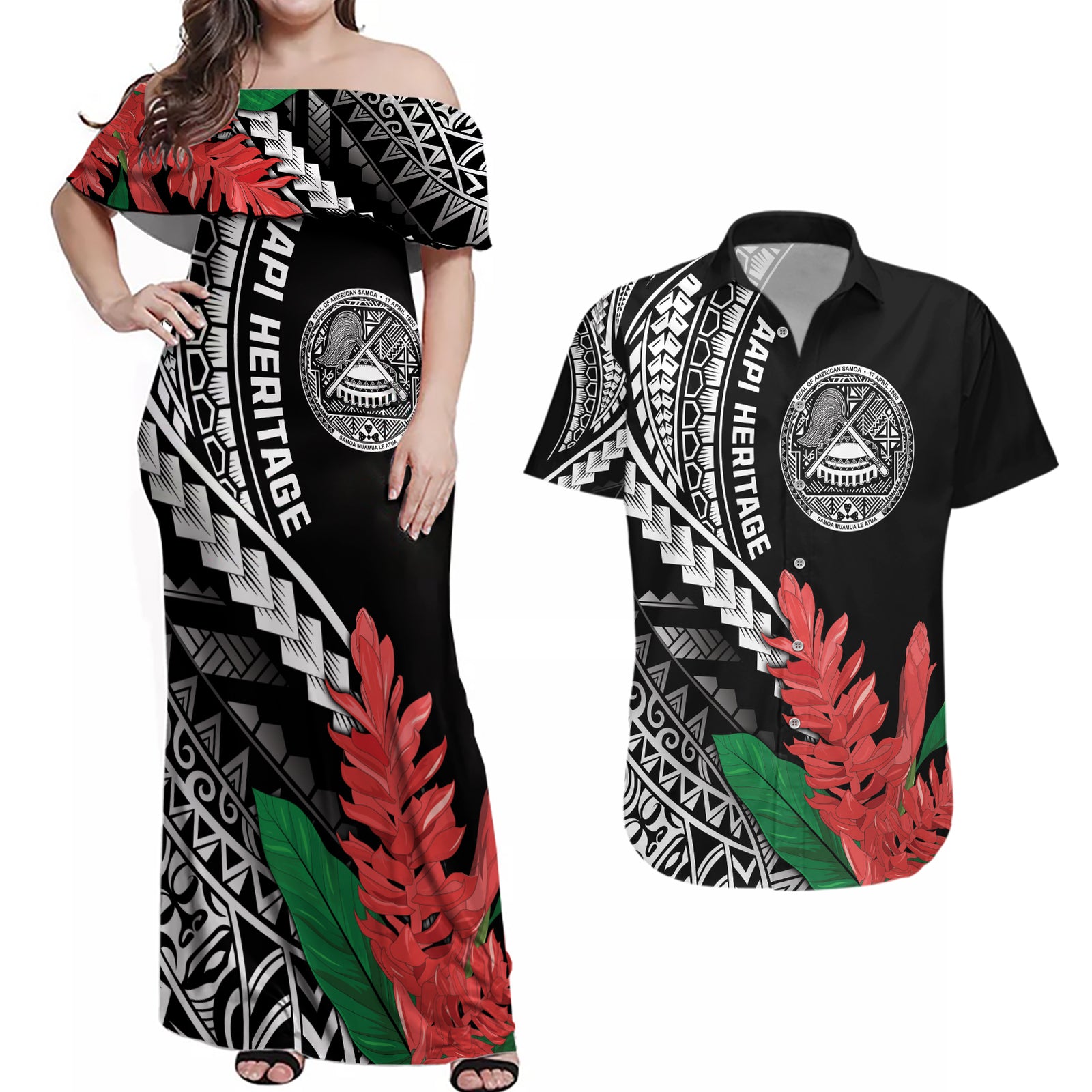 AAPI Heritage Month Couples Matching Off Shoulder Maxi Dress and Hawaiian Shirt Samoa Teuila LT7 Black - Polynesian Pride