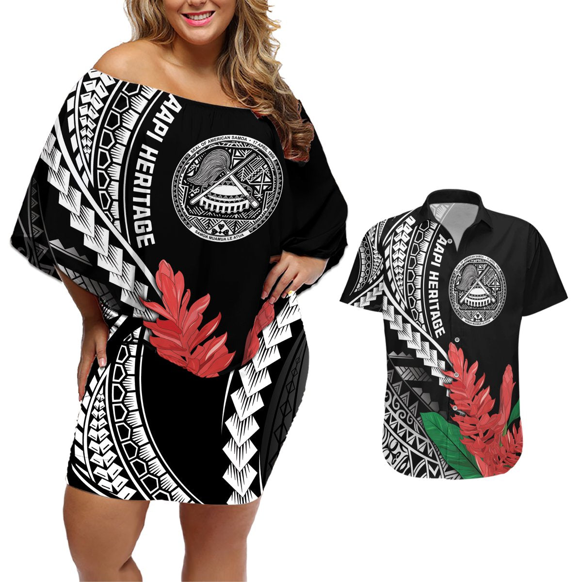 AAPI Heritage Month Couples Matching Off Shoulder Short Dress and Hawaiian Shirt Samoa Teuila LT7 Black - Polynesian Pride