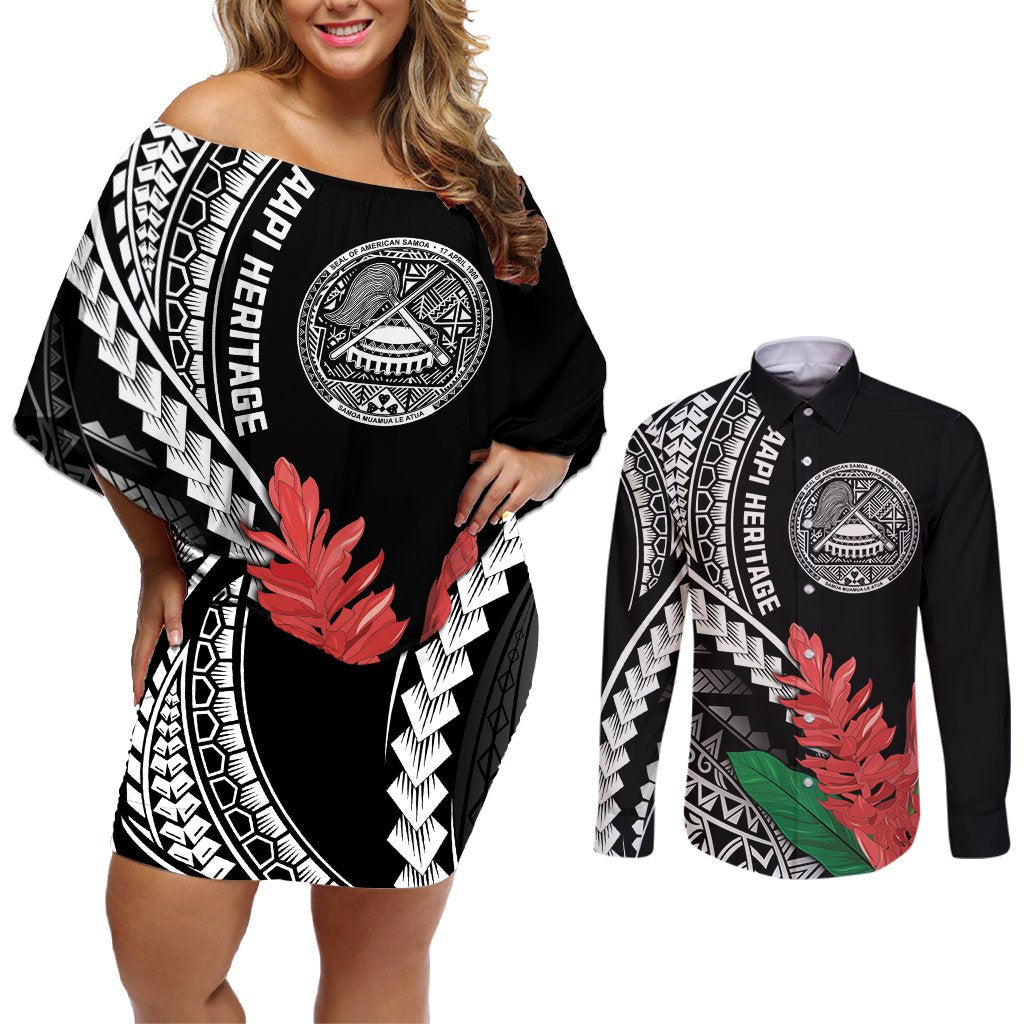 AAPI Heritage Month Couples Matching Off Shoulder Short Dress and Long Sleeve Button Shirt Samoa Teuila LT7 Black - Polynesian Pride