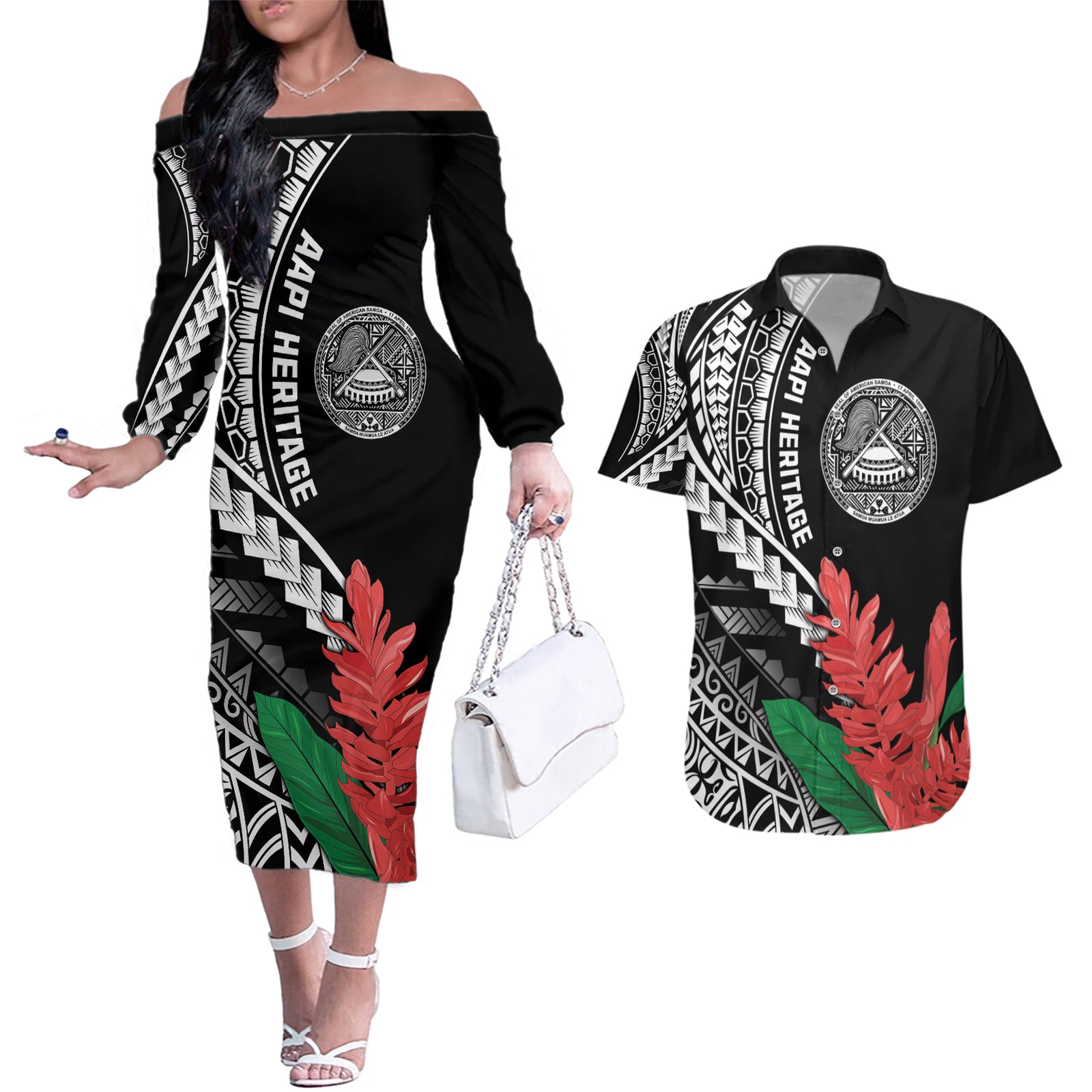 AAPI Heritage Month Couples Matching Off The Shoulder Long Sleeve Dress and Hawaiian Shirt Samoa Teuila LT7 Black - Polynesian Pride