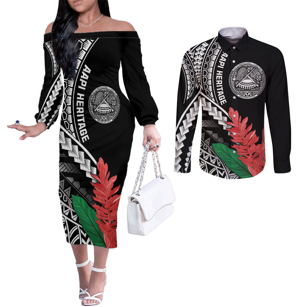 AAPI Heritage Month Couples Matching Off The Shoulder Long Sleeve Dress and Long Sleeve Button Shirt Samoa Teuila LT7 Black - Polynesian Pride