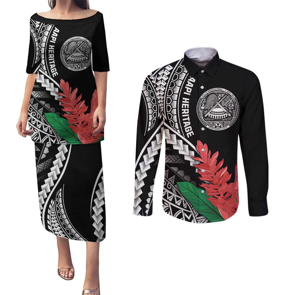 AAPI Heritage Month Couples Matching Puletasi and Long Sleeve Button Shirt Samoa Teuila LT7 Black - Polynesian Pride
