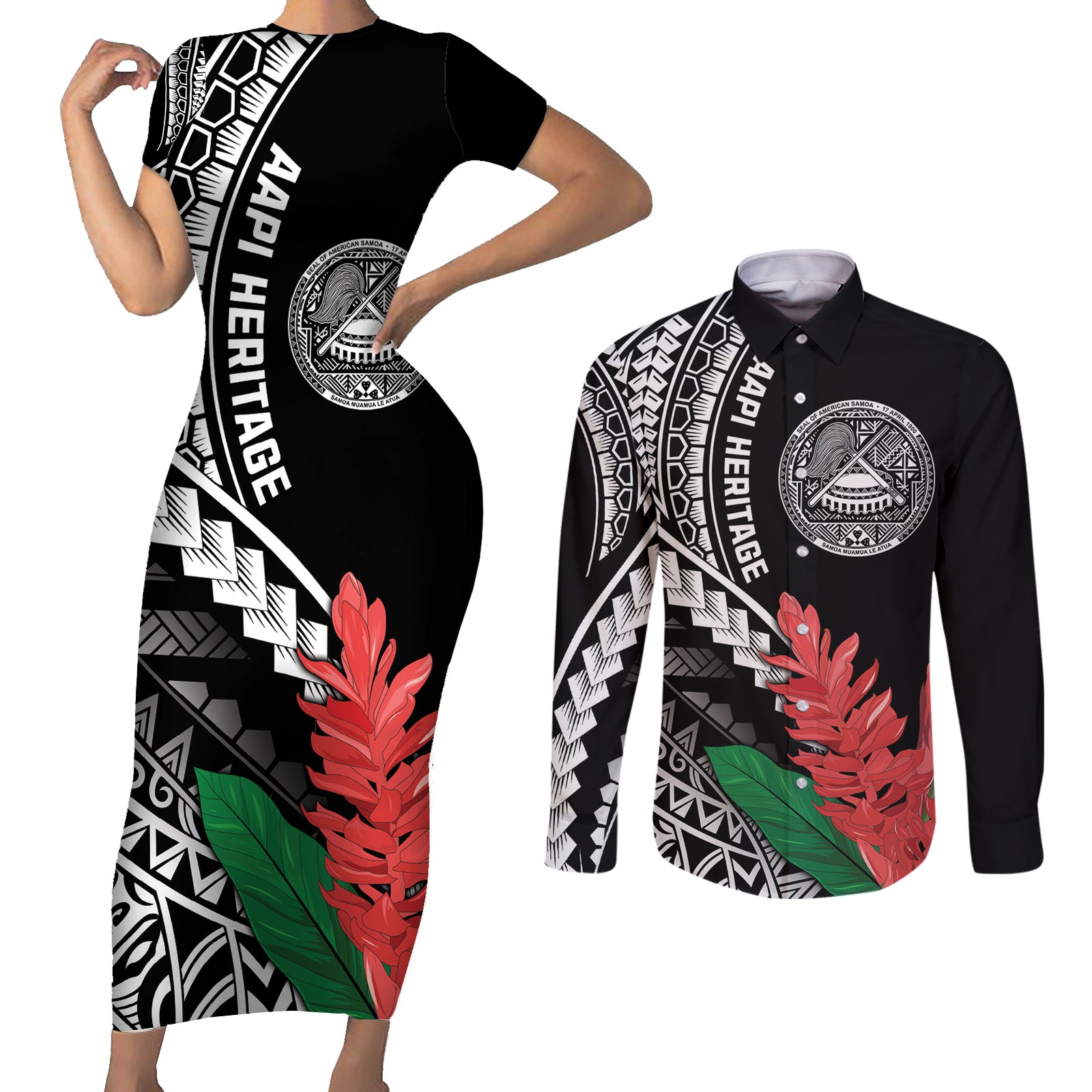 AAPI Heritage Month Couples Matching Short Sleeve Bodycon Dress and Long Sleeve Button Shirt Samoa Teuila LT7 Black - Polynesian Pride