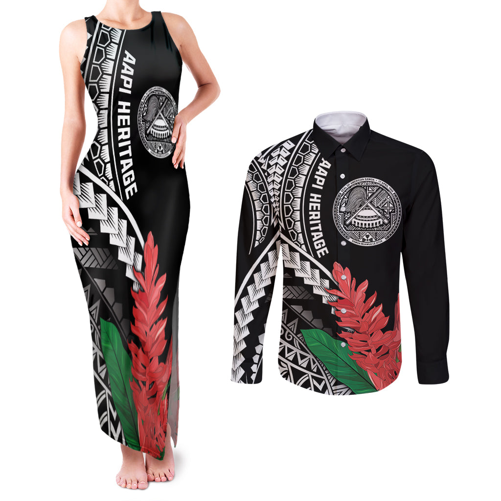 AAPI Heritage Month Couples Matching Tank Maxi Dress and Long Sleeve Button Shirt Samoa Teuila LT7 Black - Polynesian Pride