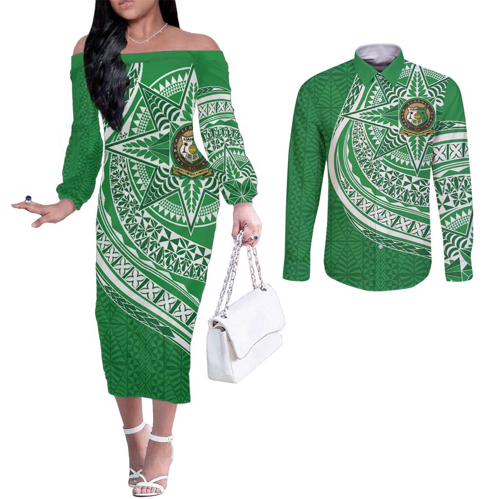 Tonga Liahona High School Personalized Couples Matching Off The Shoulder Long Sleeve Dress and Long Sleeve Button Shirt Ngatu Tokelaufeletoa Motifs