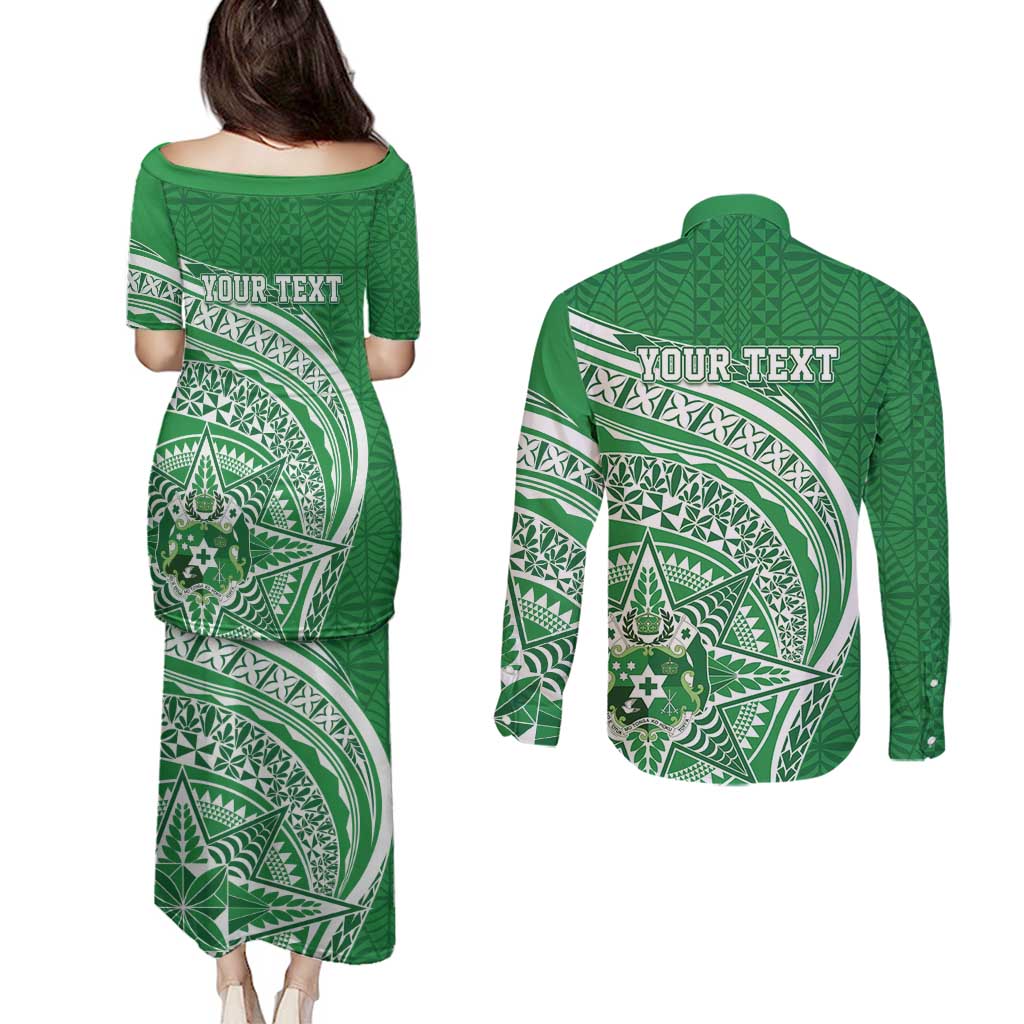 Tonga Liahona High School Personalized Couples Matching Puletasi and Long Sleeve Button Shirt Ngatu Tokelaufeletoa Motifs