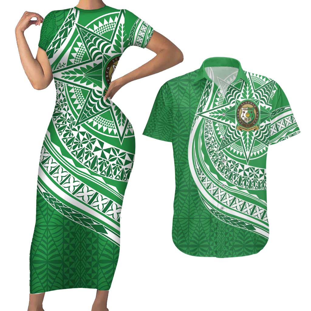 Tonga Liahona High School Personalized Couples Matching Short Sleeve Bodycon Dress and Hawaiian Shirt Ngatu Tokelaufeletoa Motifs