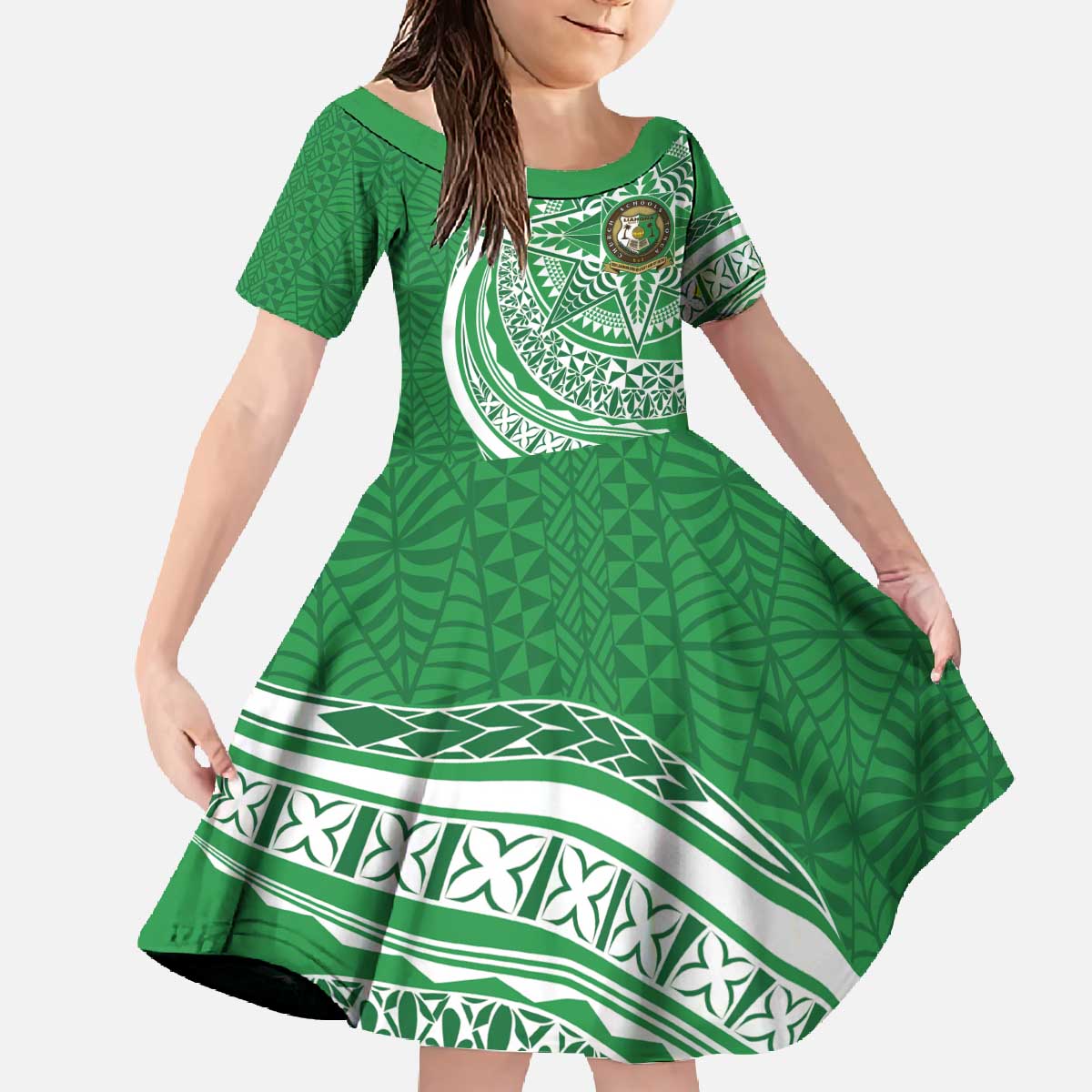 Tonga Liahona High School Personalized Family Matching Off The Shoulder Long Sleeve Dress and Hawaiian Shirt Ngatu Tokelaufeletoa Motifs LT7 Daughter's Dress Green - Polynesian Pride