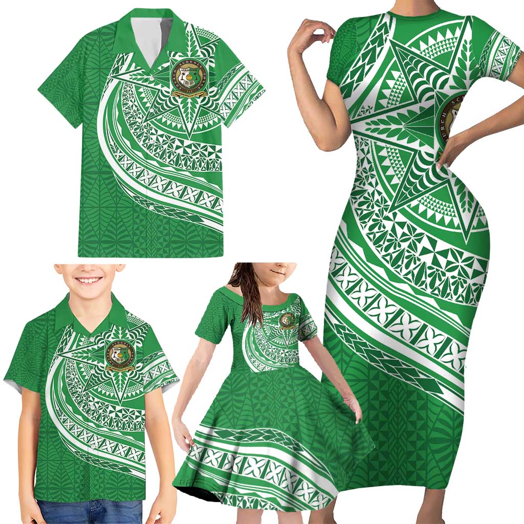 Tonga Liahona High School Personalized Family Matching Short Sleeve Bodycon Dress and Hawaiian Shirt Ngatu Tokelaufeletoa Motifs