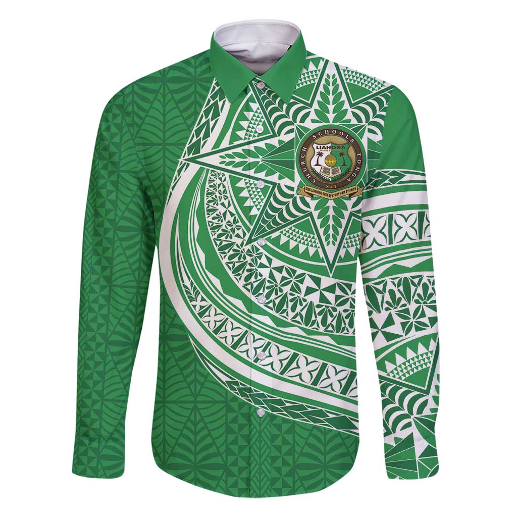 Tonga Liahona High School Personalized Family Matching Tank Maxi Dress and Hawaiian Shirt Ngatu Tokelaufeletoa Motifs LT7 Dad's Shirt - Long Sleeve Green - Polynesian Pride