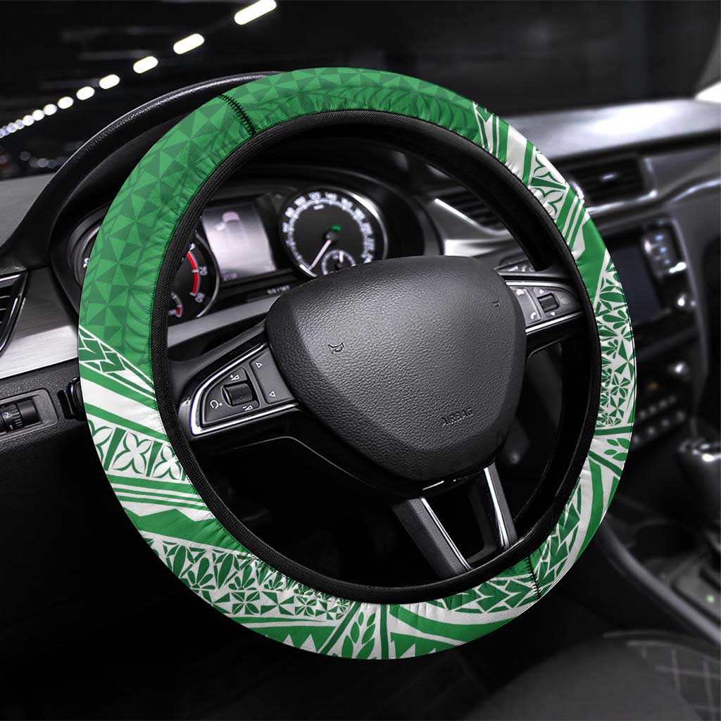 Tonga Liahona High School Steering Wheel Cover Ngatu Tokelaufeletoa Motifs LT7 Universal Fit Green - Polynesian Pride