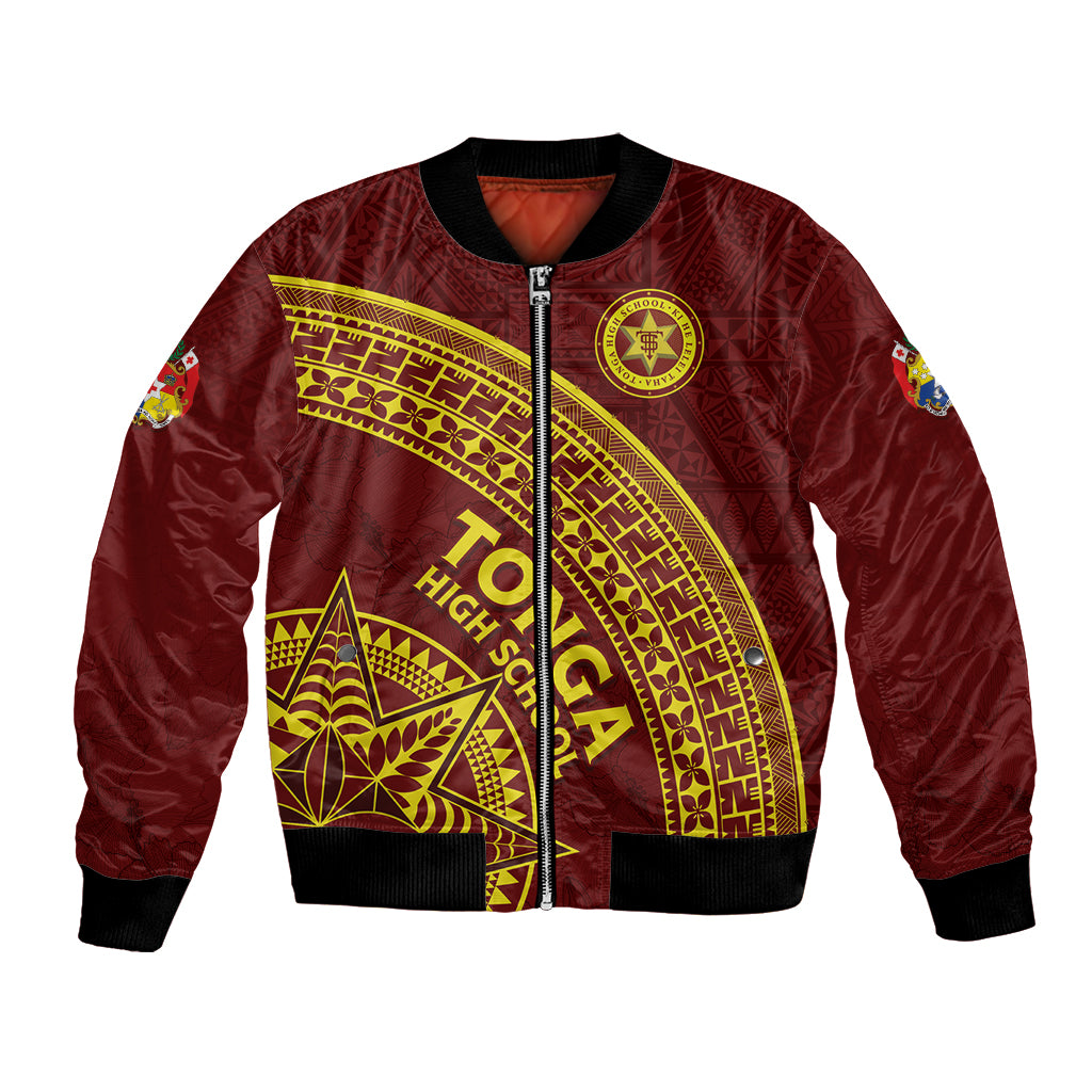 Tonga High School Bomber Jacket THS Anniversary Ngatu Motif LT7 Unisex Maroon - Polynesian Pride