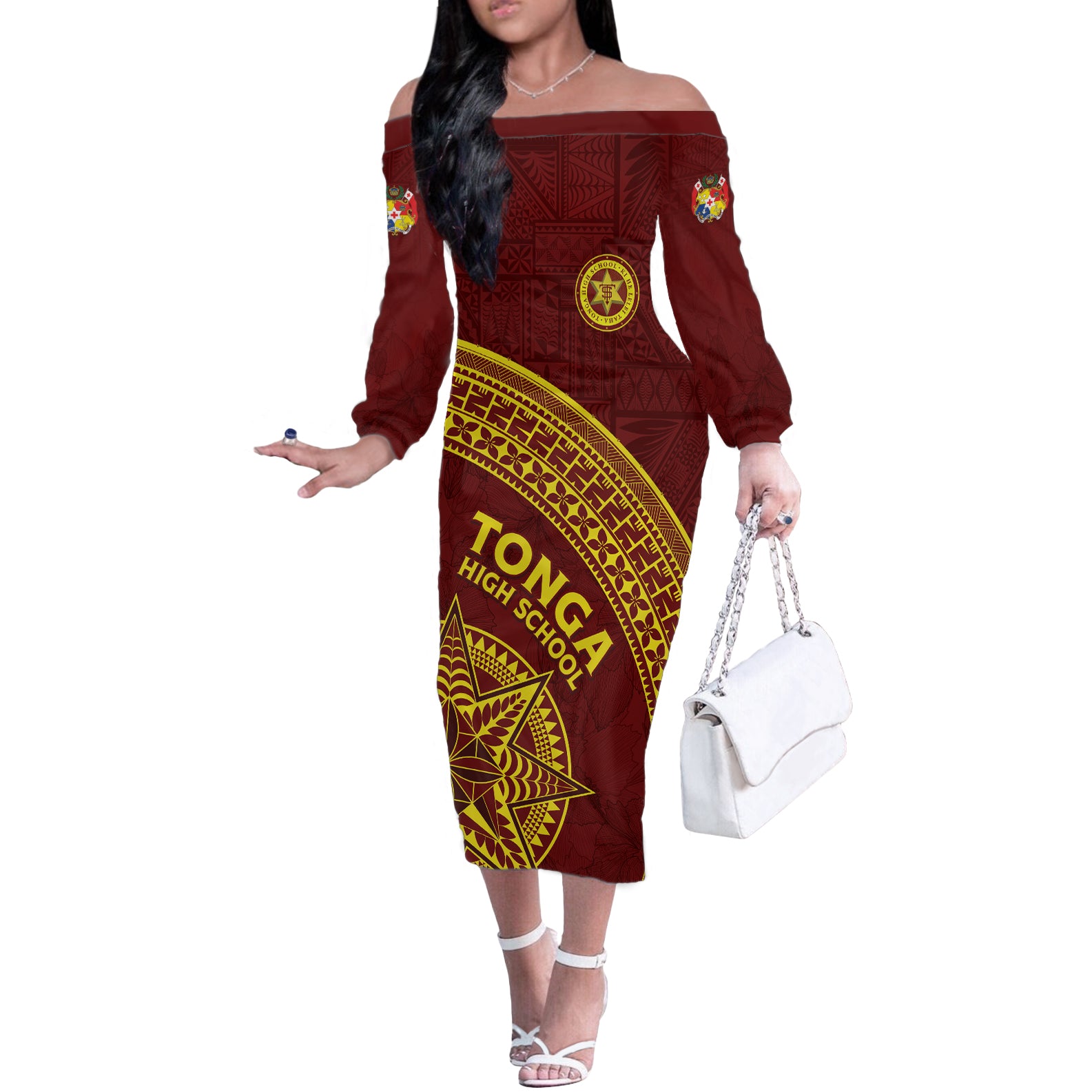Tonga High School Off The Shoulder Long Sleeve Dress THS Anniversary Ngatu Motif