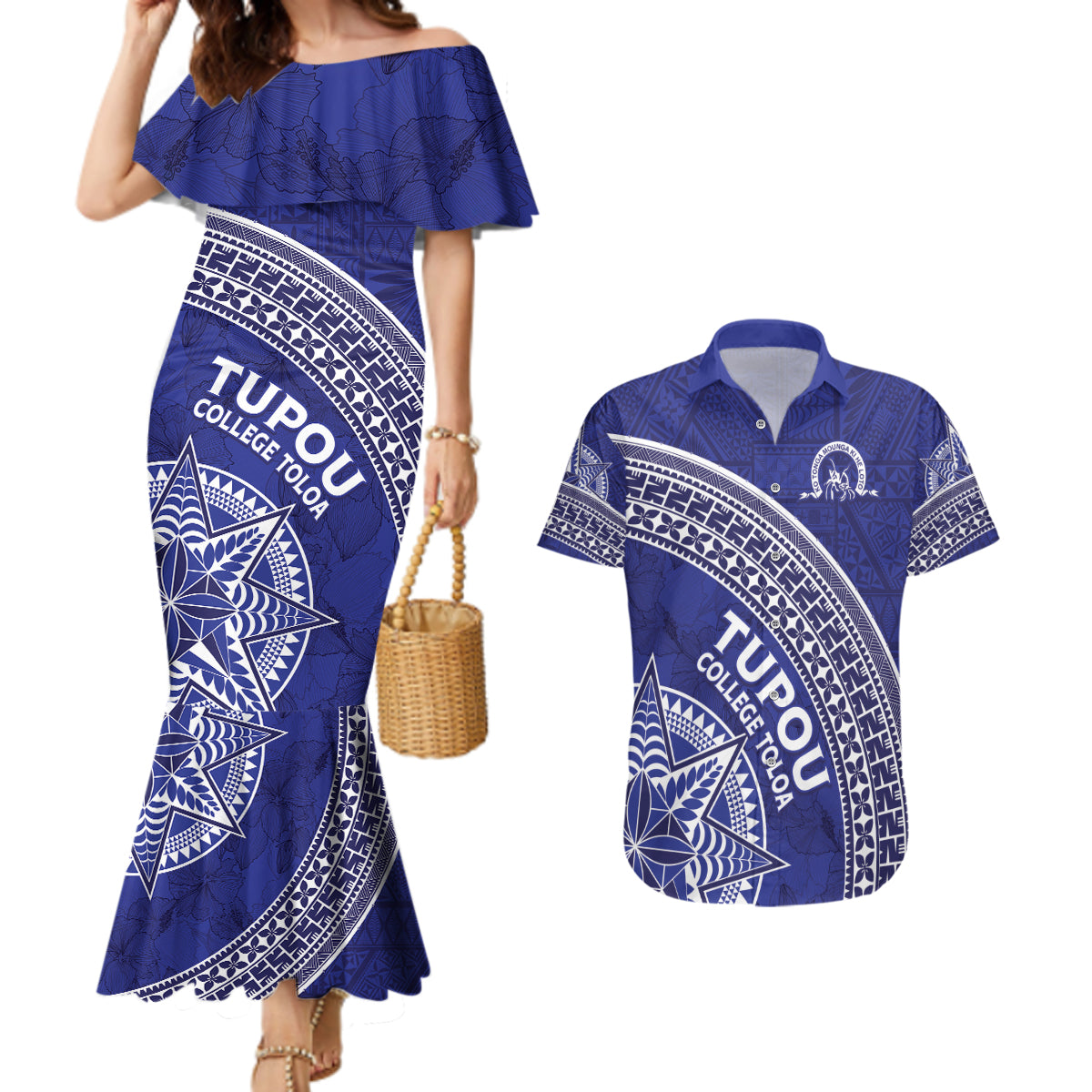 Tupou College Toloa Couples Matching Mermaid Dress and Hawaiian Shirt Ngatu Tapa Mix Style