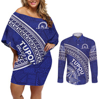 Tupou College Toloa Couples Matching Off Shoulder Short Dress and Long Sleeve Button Shirt Ngatu Tapa Mix Style