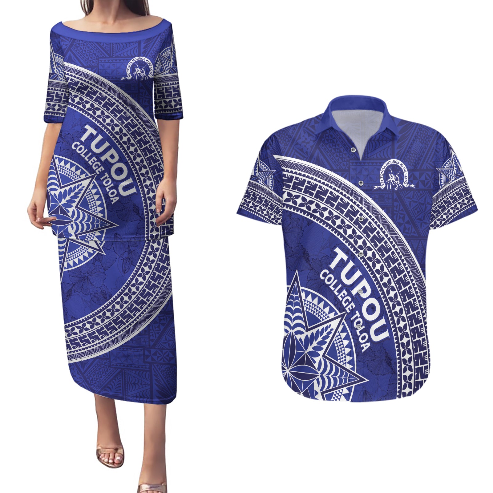 Tupou College Toloa Couples Matching Puletasi and Hawaiian Shirt Ngatu Tapa Mix Style