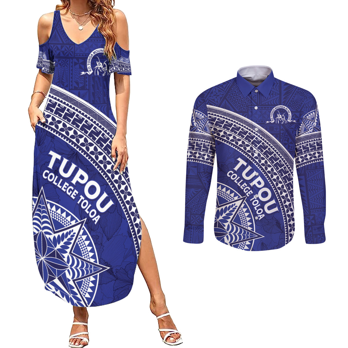 Tupou College Toloa Couples Matching Summer Maxi Dress and Long Sleeve Button Shirt Ngatu Tapa Mix Style