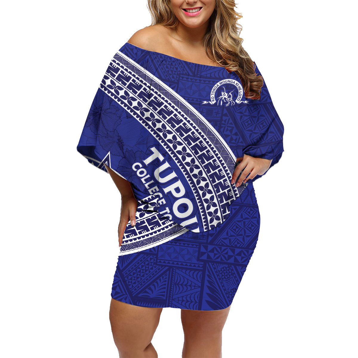 Tupou College Toloa Family Matching Off Shoulder Short Dress and Hawaiian Shirt Ngatu Tapa Mix Style
