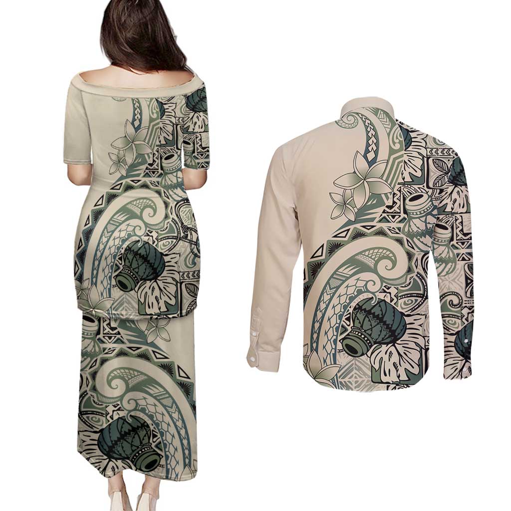 Aloha Hawaii Tapa Couples Matching Puletasi and Long Sleeve Button Shirt Summer Green Hawaiian Ipu - Polynesian Pride
