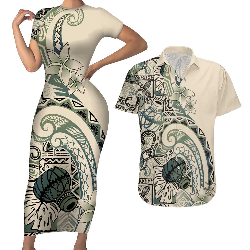 Aloha Hawaii Tapa Couples Matching Short Sleeve Bodycon Dress and Hawaiian Shirt Summer Green Hawaiian Ipu - Polynesian Pride