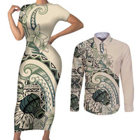 Aloha Hawaii Tapa Couples Matching Short Sleeve Bodycon Dress and Long Sleeve Button Shirt Summer Green Hawaiian Ipu - Polynesian Pride