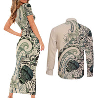 Aloha Hawaii Tapa Couples Matching Short Sleeve Bodycon Dress and Long Sleeve Button Shirt Summer Green Hawaiian Ipu - Polynesian Pride