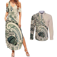 Aloha Hawaii Tapa Couples Matching Summer Maxi Dress and Long Sleeve Button Shirt Summer Green Hawaiian Ipu - Polynesian Pride